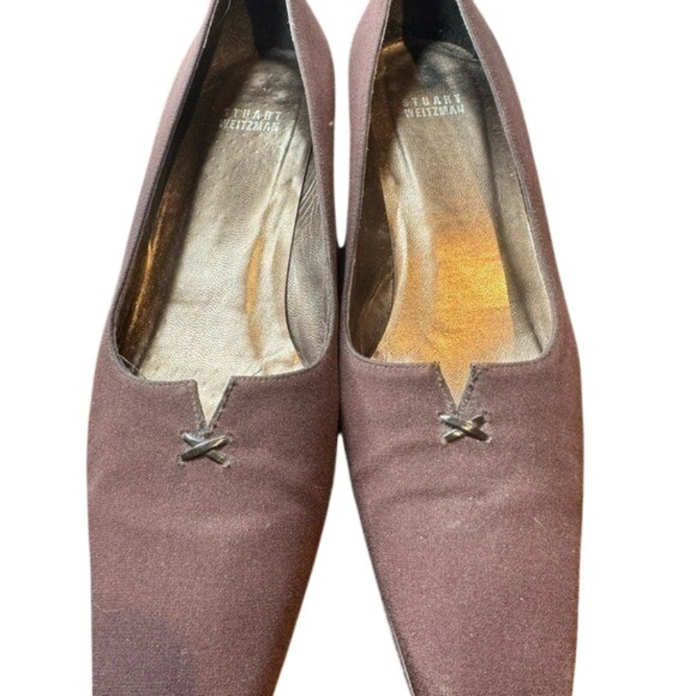 Stuart Weitzman Brown Fabric‎ V-Cut Vamp Pointed Toe Low Heel Loafers 10M 61336